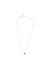 Collar de plata con una cadena delicada y un pequeño charm floral negro en el centro. Diseño sencillo con un acabado suave.