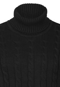 Suéter negro de cuello alto hecho de tejido de punto con un patrón de trenzas y puños acanalados, que presenta un cuello alto y una superficie texturizada.
