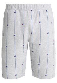 Grijze sportshorts met een elastische tailleband, voorzien van verticale blauwe strepen en kleine rode logo-accenten die gelijkmatig verdeeld zijn.