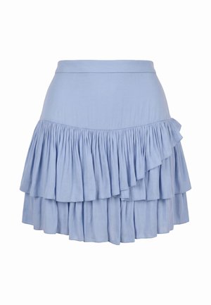 Jupe à plusieurs couches bleu clair avec un détail de volants asymétriques et une taille cintrée, réalisée en tissu doux et fluide.