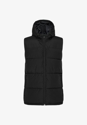Svart puffer vest med hette, med glidelås foran, to sidelommer og sydd linjer for tekstur. Lett og isolert design.