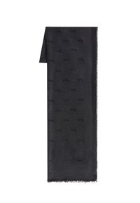 Sort tørklæde med et diskret hundemønster vævet ind i stoffet, med frynser i kanterne og en glat tekstur. Langt, rektangulært design.