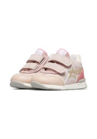 Rosafarbene und beige Sneakers mit doppelten Klettverschlüssen, einem Sternakzent an der Seite und einem strukturierten Obermaterial, das aus glattem und Wildleder besteht.