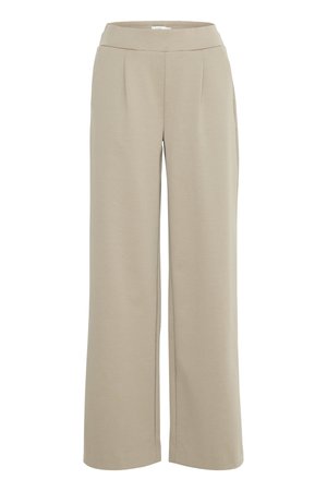 Bēšas krāsas bikses ar platām kājām, augstu jostasvietu un priekšējiem krokām, izgatavotas no mīksta, gluda auduma.