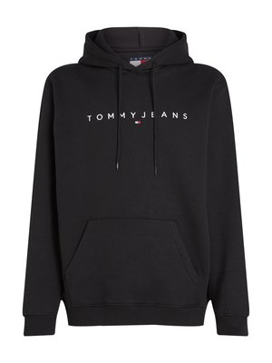 Black hoodie made of soft fabric, featuring a front pocket, drawstring hood, and white "TOMMY JEANS" logo across the chest.
