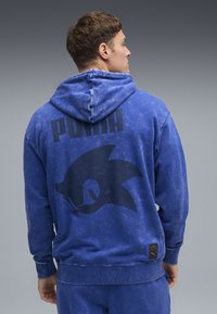 Blå hoodie med justerbar dragsko, med en stor svart Sonic-grafik och "PUMA"-text på baksidan. Tillverkad av mjukt, strukturerat tyg.