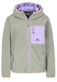Chaqueta de forro polar en verde con un bolsillo de pecho con cremallera en lila. Presenta capucha, ribetes en contraste y tejido texturizado. Cremalleras en púrpura claro.