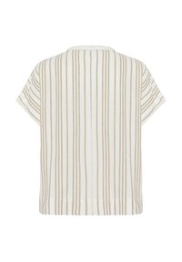 Haut à manches courtes en tissu doux, avec des rayures verticales blanches et beiges alternées, d'une coupe décontractée et d'un col rond.