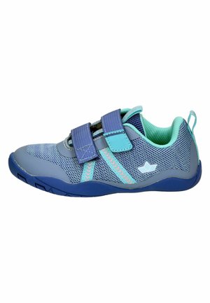 Blue and turquoise children's sneaker with mesh fabric, two velcro straps, soft padded collar, and rubber sole.