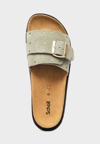 Green suede slide sandal with a wide strap featuring gold studs and a metallic buckle, textured insole, and black rubber sole. Size 38.