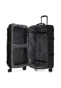Zwarte koffer met een patroon aan de binnenkant. Kenmerken zijn onder andere twee mesh vakken, ritsen, een uitschuifbare handgreep en vier wielen voor mobiliteit.