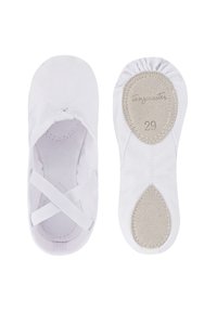 Weiße Ballettschuhe aus leichtem Stoff mit elastischen Kreuzriemen, weicher Innenausstattung und einer strukturierten grauen Wildledersohle. Größe 29.