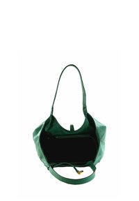 Sac fourre-tout en cuir vert avec une texture douce, une large ouverture, une bandoulière unique et une poche zippée à l'intérieur. Design minimaliste, sans quincaillerie visible.