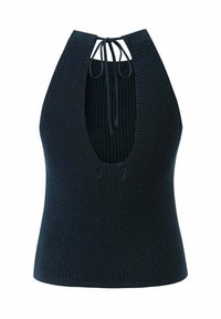 Schwarzes, gestricktes Trägershirt mit tiefem V-Ausschnitt und Bindeband im Rücken, mit strukturiertem Oberflächenmaterial und taillierter Silhouette.