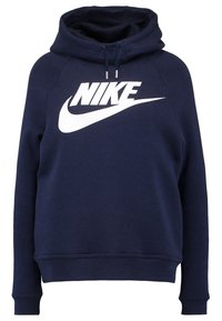 Marinblå hoodie med en stor vit Nike-logotyp på framsidan, med en dragsko i huvan och ribbad fåll och ärmslut.
