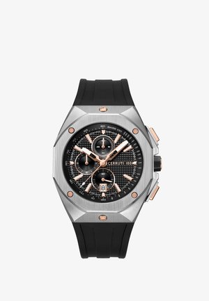 Reloj de pulsera Cerruti 1881 en tono plateado con esfera negra texturizada, tres subesferas, ventana de fecha, acentos en oro rosa y correa de silicona negra.