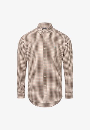 Chemise à carreaux brun et blanc, à manches longues, col boutonné, avec un petit logo brodé sur la poitrine et un ourlet arrondi.