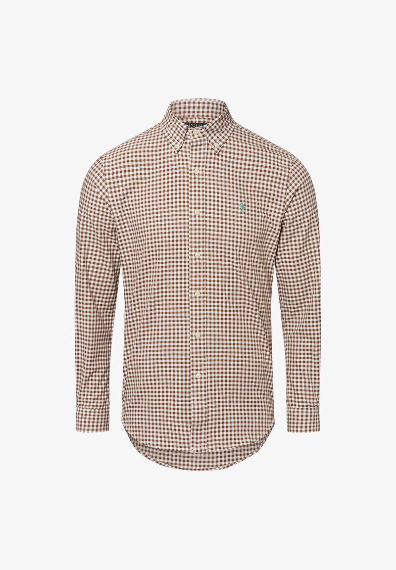Brown and white gingham check shirt, long sleeves, button-down collar, features a small embroidered logo on the chest, and a curved hem.