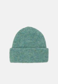 Ribbed knit beanie in a blended green color, featuring a folded cuff and soft texture. Fabric likely made from wool or acrylic blend.