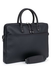 Zwarte laptoptas van textuurmateriaal, met een slank ontwerp, twee bovenhandvatten en een afneembare gewatteerde schouderband.