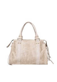 Sac à main en cuir synthétique beige avec deux poignées supérieures, accents rayés blancs contrastants, quincaillerie dorée et détail pompon sur le côté.