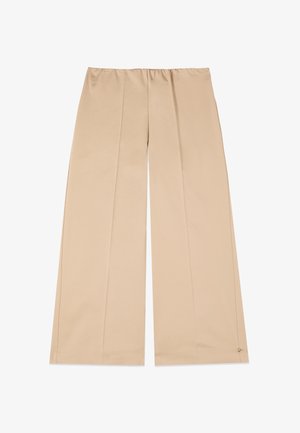 Beige wide-leg pants with elastic waistband and front creases, made from smooth fabric, laid flat against a white background.