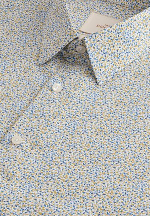 Blue and yellow leaf-patterned shirt made from lightweight fabric, featuring a button-down collar and white plastic buttons.