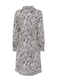 Robe à motifs noir et blanc avec des manches longues, un col et une coupe décontractée. Présente un motif rayé zèbre sur un tissu doux.