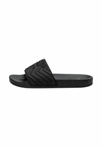 Black slide sandal featuring a textured rubber strap with a zigzag pattern and a smooth sole, designed for casual wear.
