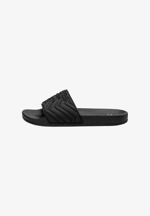 Schwarze Rutschsandalette mit einem strukturierten Gummiriemen mit Zickzackmuster und einer glatten Sohle, entworfen für den Freizeitgebrauch.