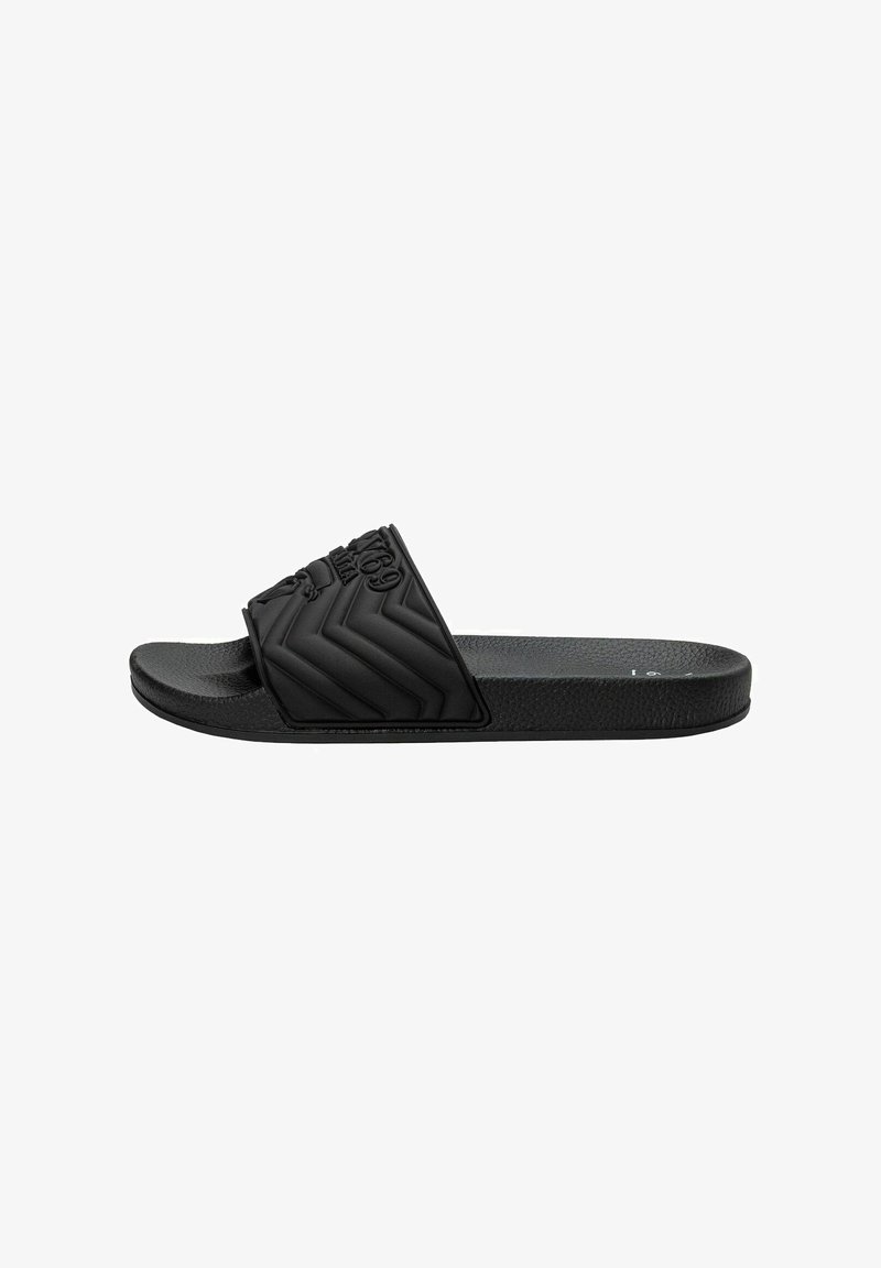 Black slide sandal featuring a textured rubber strap with a zigzag pattern and a smooth sole, designed for casual wear.