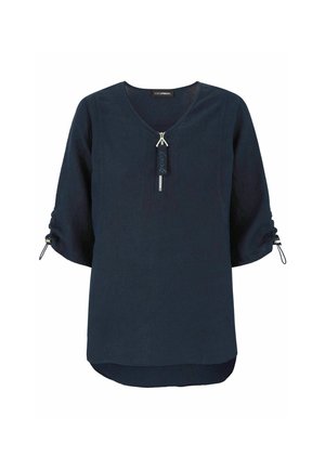 Navy blue blouse with V-neck, front zipper with pull tab, and three-quarter sleeves featuring adjustable drawstrings.
