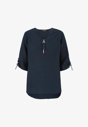 Navy blue blouse with V-neck, front zipper with pull tab, and three-quarter sleeves featuring adjustable drawstrings.