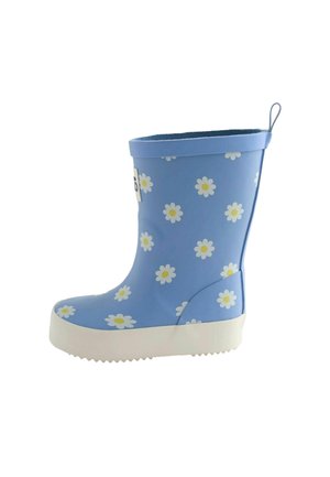 Világoskék gumicsizma fehér és sárga margaréta mintákkal, fehér talppal és hátul füllel.
