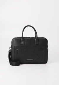 Black synthetic leather briefcase with structured design, textured front panel, padded top handles, and removable shoulder strap. Zip closure.
