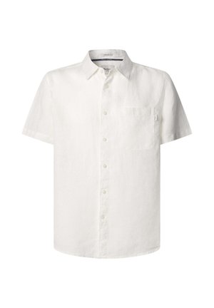 Camisa de lino blanca de manga corta con cuello tipo polo, un bolsillo en el pecho y textura sutil. Corte clásico con cierre frontal de botones.