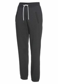 Donkergrijze sweatpants met een trekkoord-invoering, elastische boorden en twee zijzakken met zwarte accenten. Zachte stoftextuur.