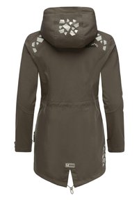 Brown outdoor jacket with a hood, featuring reflective geometric accents, long sleeves, a cinched waist, and a vent detail at the hem.