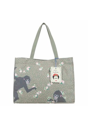 Graue Tragetasche mit zwei illustrierten Affen, rosa-weißem Blumenmuster und einem Anhänger mit einem stilisierten Gesicht mit Blumen im Haar.