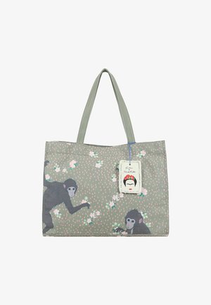 Graue Tragetasche mit zwei illustrierten Affen, rosa-weißem Blumenmuster und einem Anhänger mit einem stilisierten Gesicht mit Blumen im Haar.