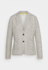 Blazer gris hecho de tela texturizada, con solapa muesca, dos bolsillos frontales y dos botones negros. Forro interior en amarillo.