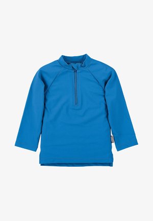 Blaues Langarmhemd mit hohem Kragen, halbem Reißverschluss und flachen Nähten. Hergestellt aus glattem, dehnbarem Material mit lockerer Passform.
