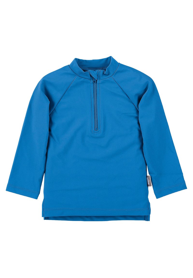 Blue long-sleeve shirt featuring a high collar, half zipper, and flat seams. Made of smooth, stretchy material with a relaxed fit.