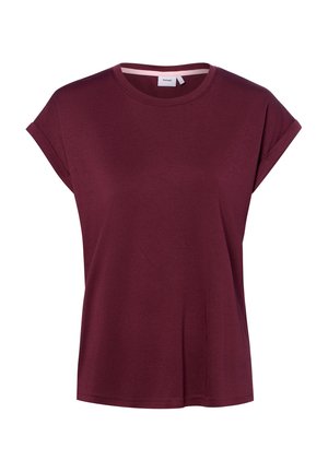 Bordeauxrotes T-Shirt mit kurzen Ärmeln, rundem Ausschnitt und aufgekrempelten Bündchen, dargestellt auf weißem Hintergrund.