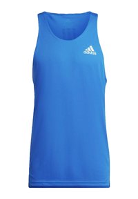 Débardeur de sport bleu en tissu lisse, doté d'un col rond et du logo Adidas blanc sur la poitrine.