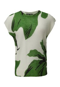 Groen en witte trui met een gedurfde bladenpatroon, gemaakt van textuurstof met een ronde halslijn en brede armsgaten.