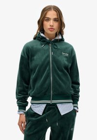 Felpa verde in velluto con zip, dotata di cordino, polsini a costine e vita con strisce bianche. Abbinata a una camicia a righe blu chiaro sotto.