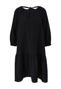 Schwarzes Kleid aus leichtem Stoff mit Rundhalsausschnitt und Bindeband, langen Ärmeln mit elastischen Bündchen und einem gestuften Saum.