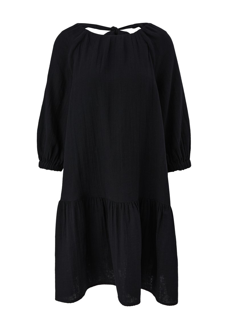 Schwarzes Kleid aus leichtem Stoff mit Rundhalsausschnitt und Bindeband, langen Ärmeln mit elastischen Bündchen und einem gestuften Saum.