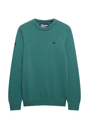 Teal knitted sweater with a crew neckline, ribbed cuffs, and hem. Features a small logo on the left chest and textured fabric.